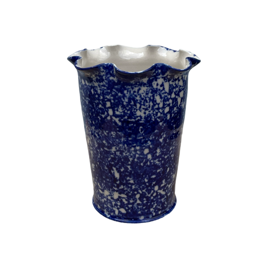 Cobalt Sponged Small Frilly Vase - White